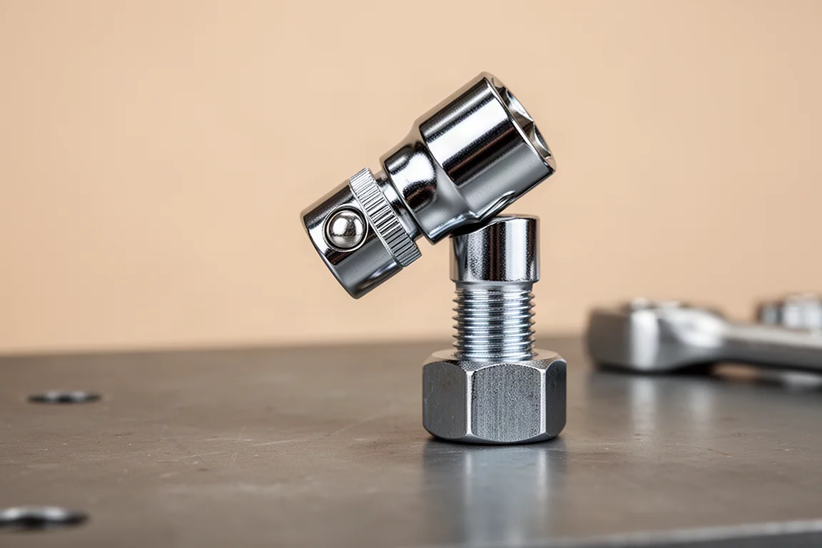 Chrome swivel socket positioned at an angle on a bolt