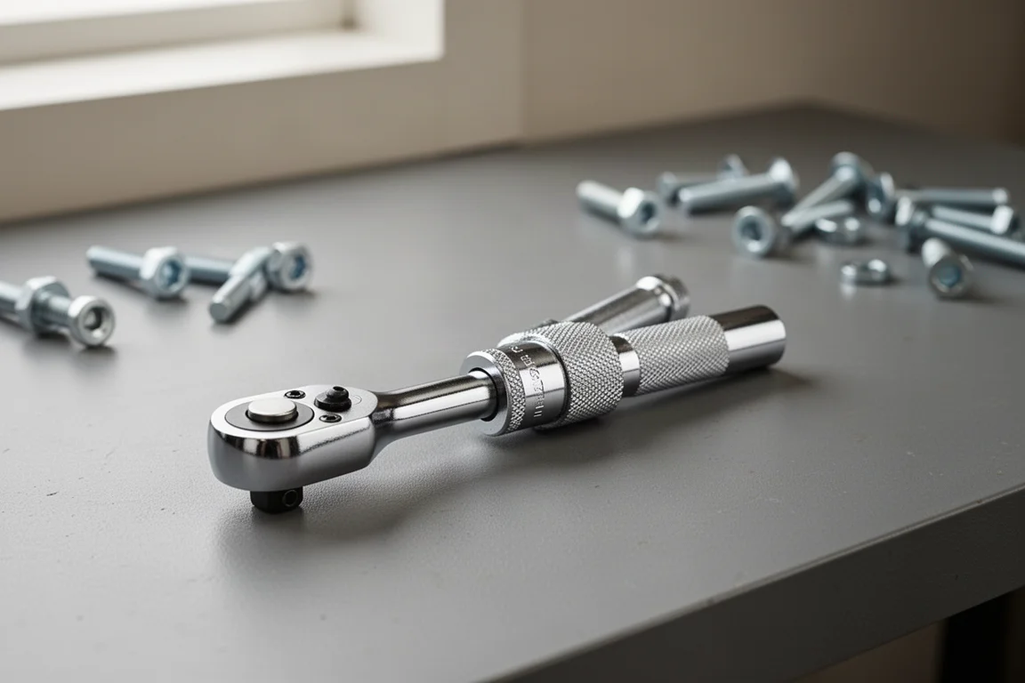 Low-profile ratchet and knurled extension collar on a workshop bench