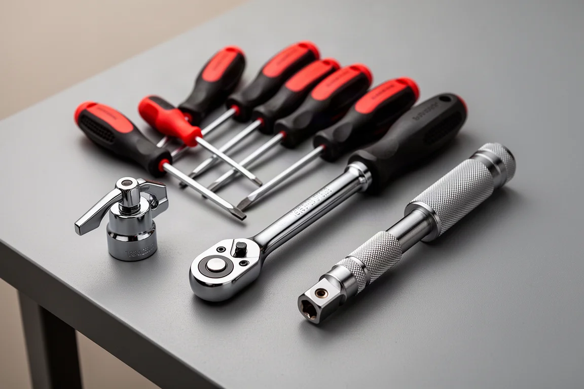Assorted hand tools including screwdrivers, swivel socket and ratchet arranged on a grey workbench