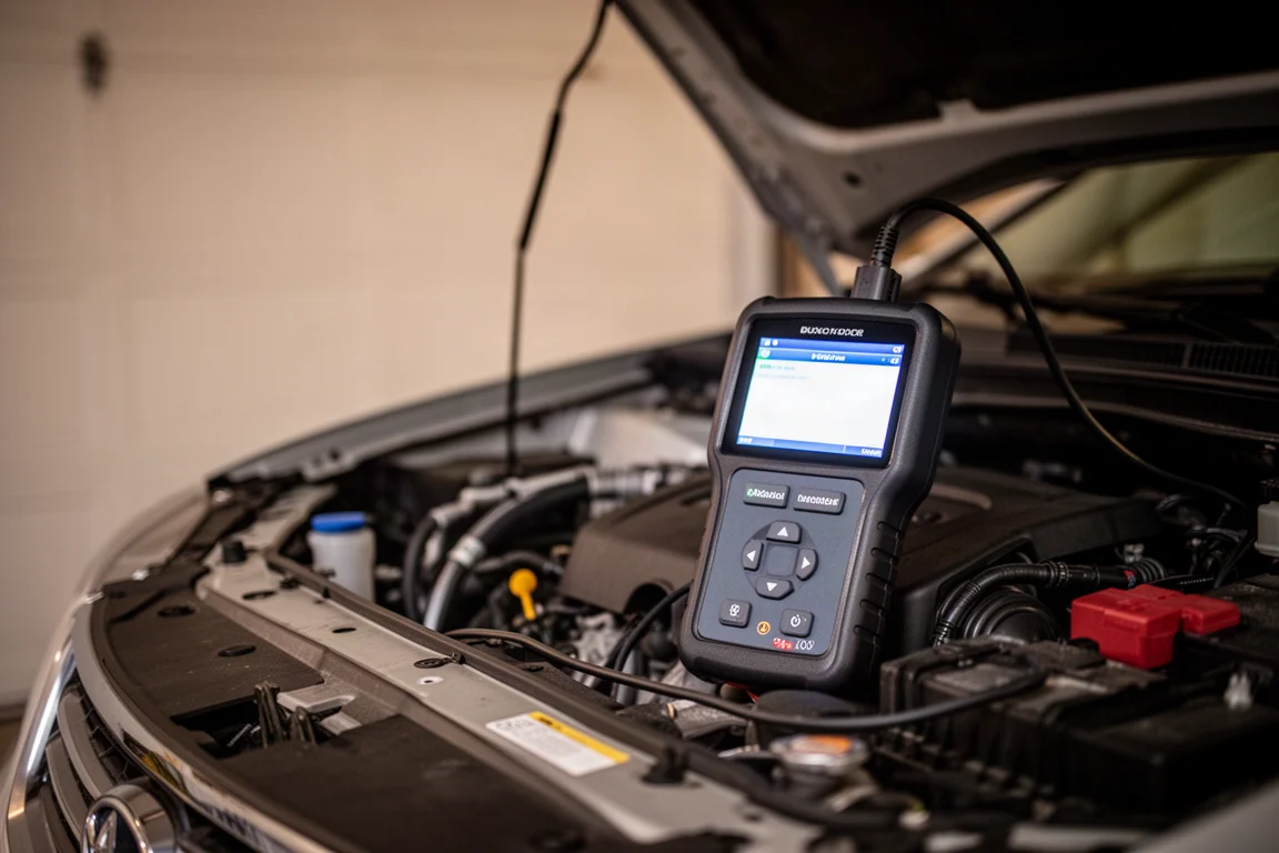 Scanner diagnostico collegato al vano motore di un'auto con lo schermo acceso