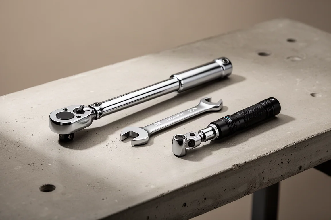 Hand tools including a torque wrench, wrenches, ratchet, and flashlight on a concrete workbench