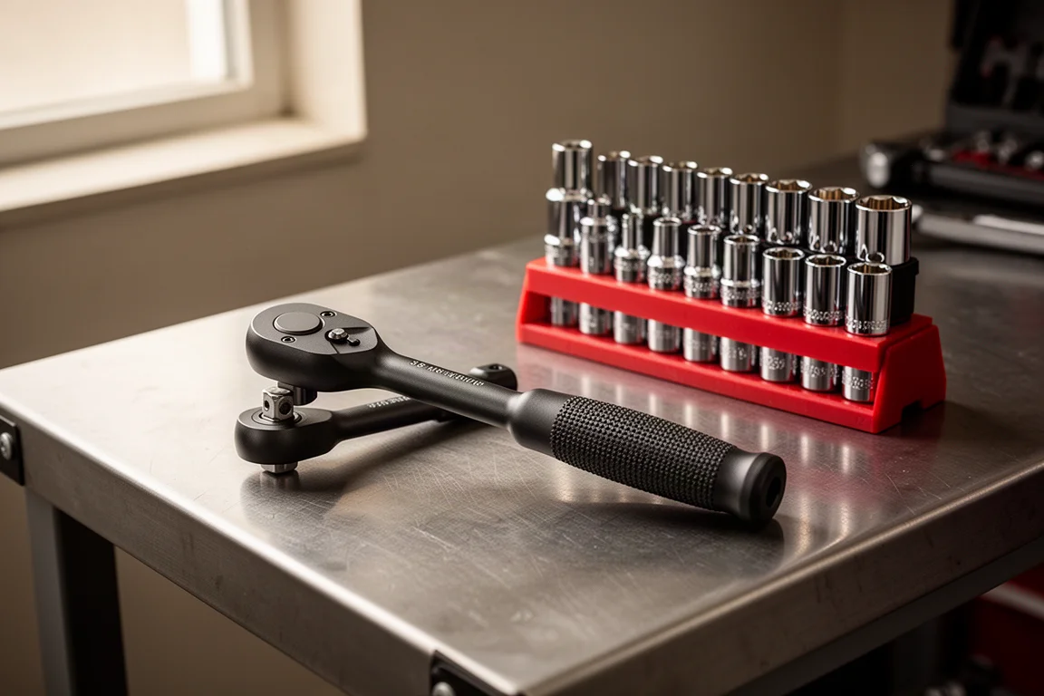 Matte black flex head ratchet and chrome deep sockets on a brushed steel workbench