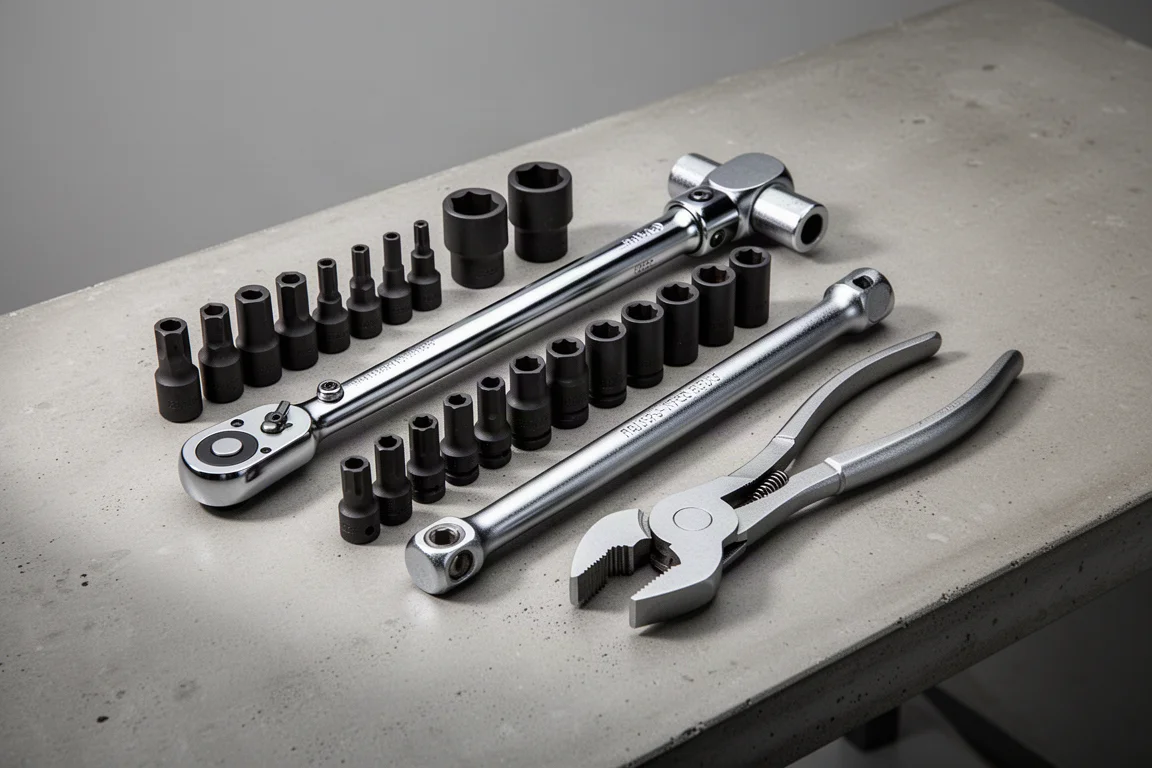 Assorted mechanic hand tools arranged on a concrete workbench
