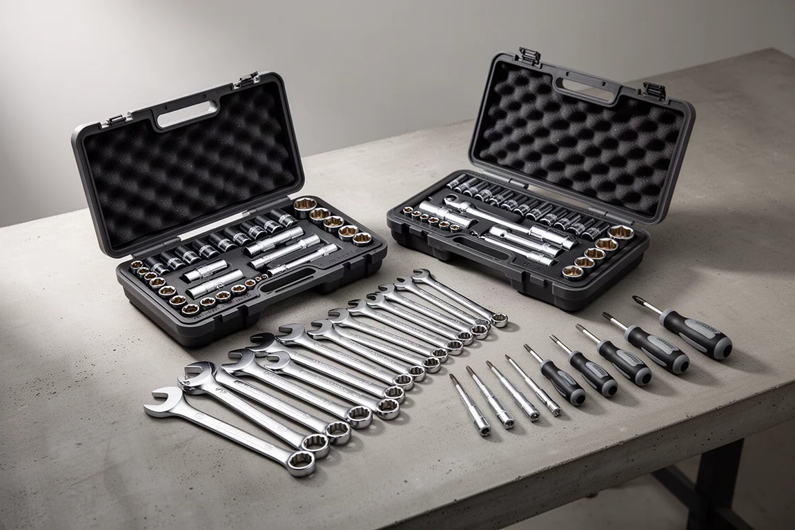 Assortment of workshop tools including an engine, cordless drill, solar panel and ratchet on concrete