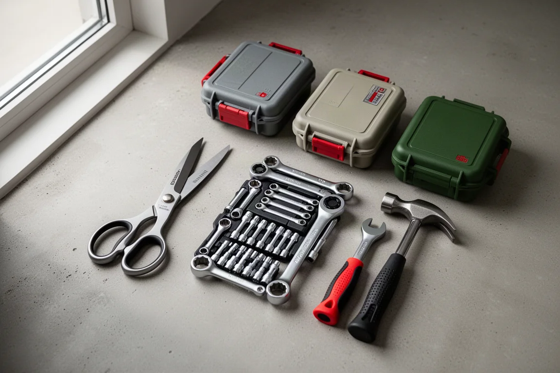 Flat-lay of hand tools including scissors, wrenches, hard cases, and a claw hammer