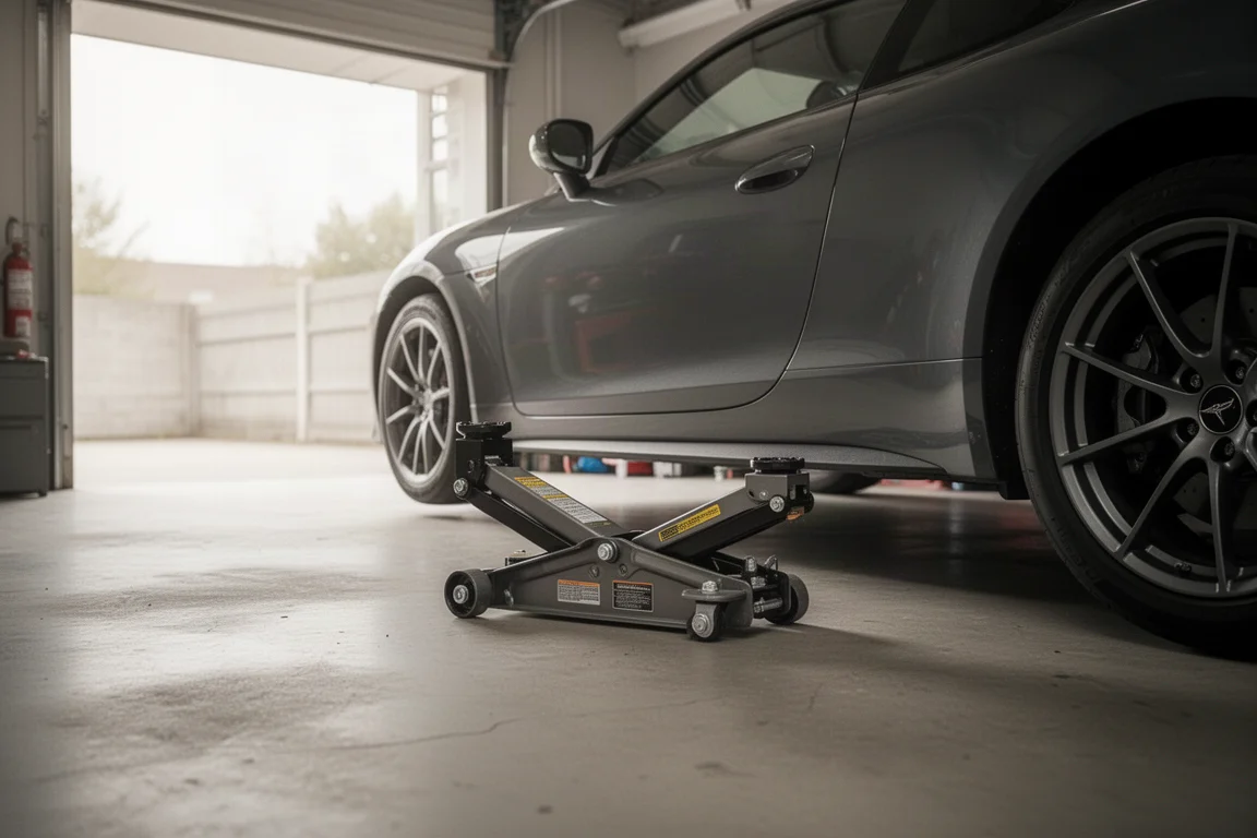 Cric d'atelier à profil bas soulevant le coin d'une voiture dans un garage