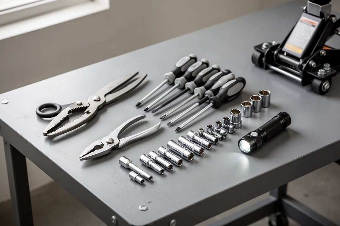Hand tools including shears, screwdrivers, sockets, a flashlight, and a floor jack arranged on a workshop bench