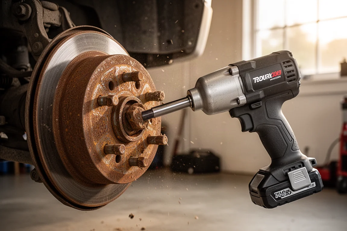 Impact wrench die een grote roestige bout aan de wielnaaf van een vrachtwagen losdraait