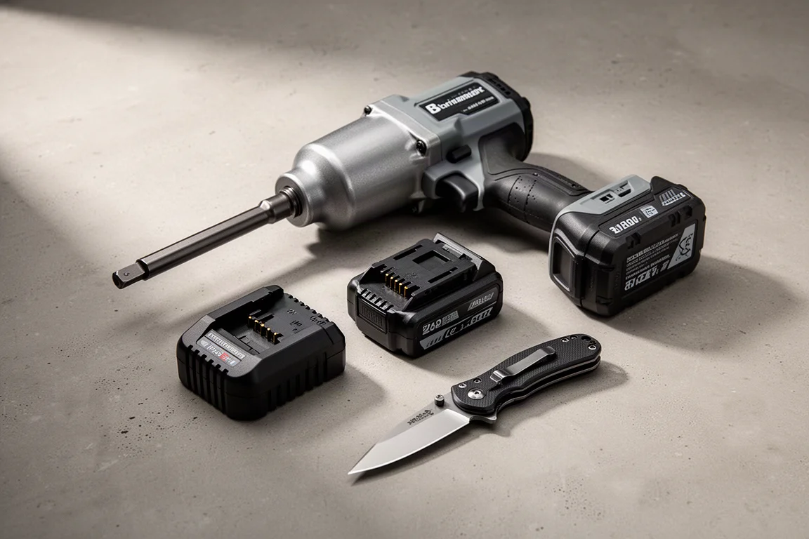 Workshop flat-lay with impact wrench, batteries, charger, and folding knife