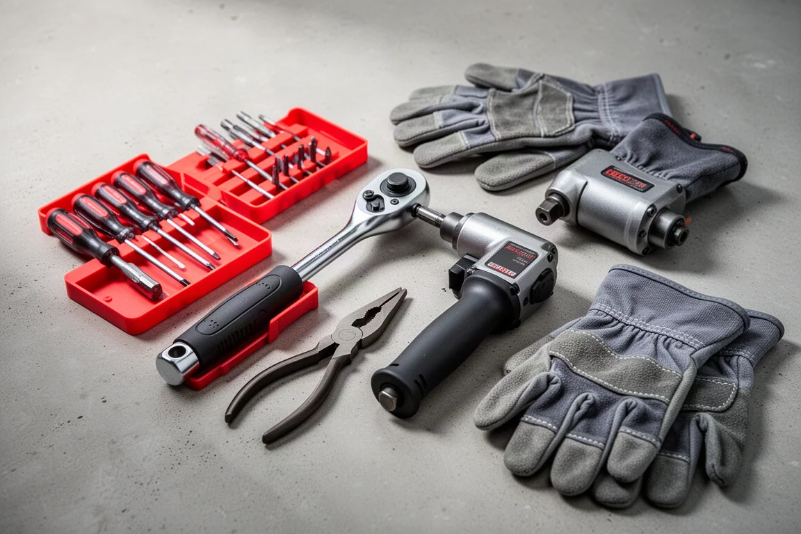 Flat-lay of workshop tools including ratchet, screwdrivers, pliers, impact wrench, and work gloves