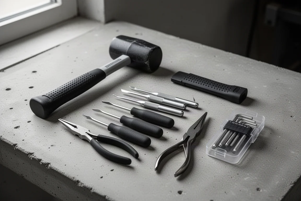 Hand tools including a mallet, picks, pliers and hex keys on a concrete surface
