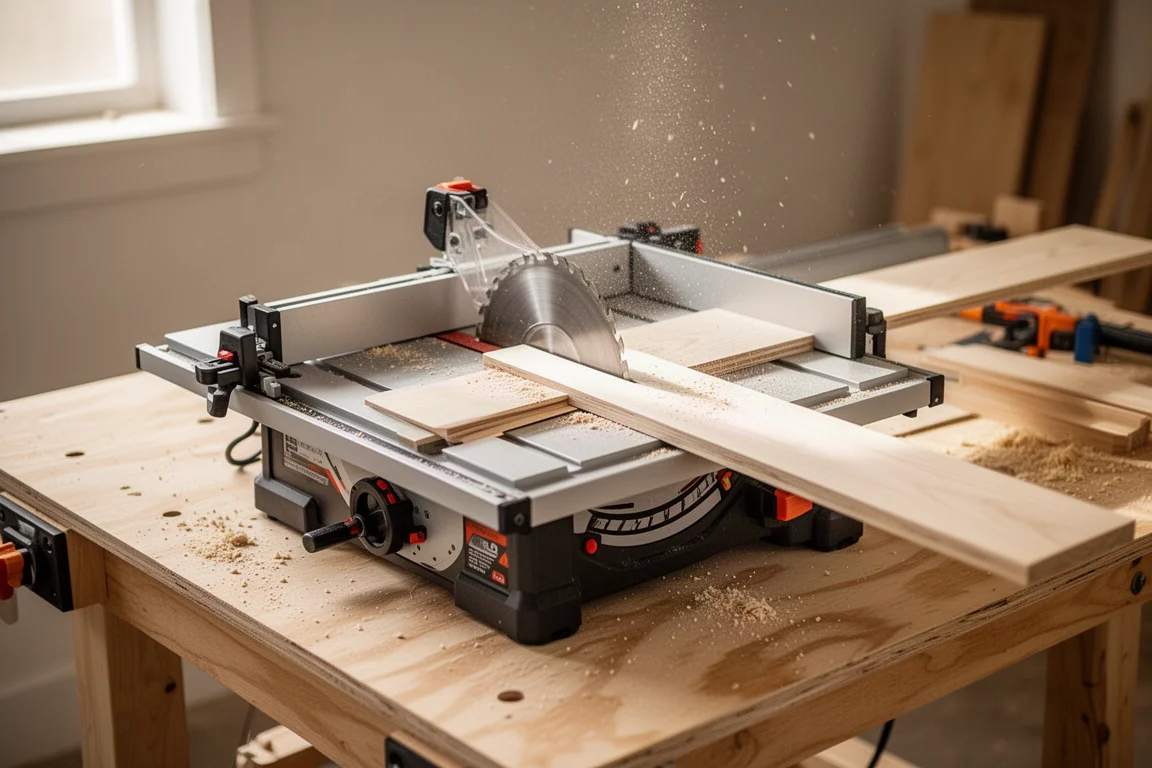 Compact table saw cutting a board in a tidy home workshop
