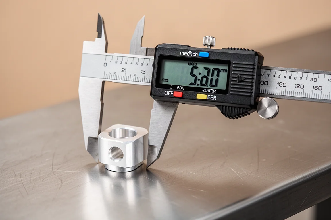 Digital caliper measuring a small metal part on a workbench