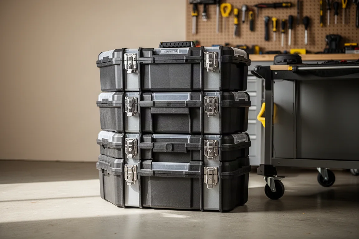 Stackable modular toolboxes arranged in a garage workshop