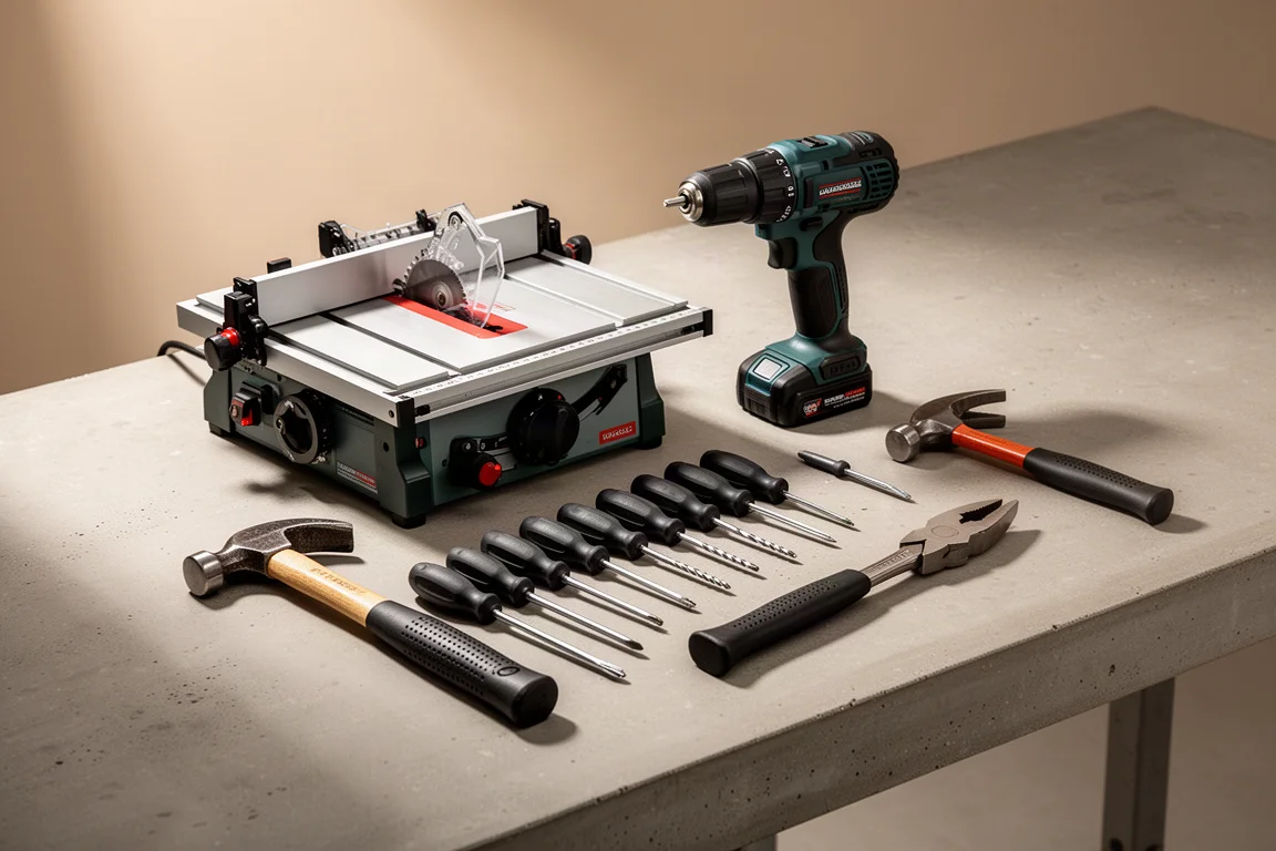 Workshop tools including a table saw, drill, screwdrivers, hammer and pliers on a workbench