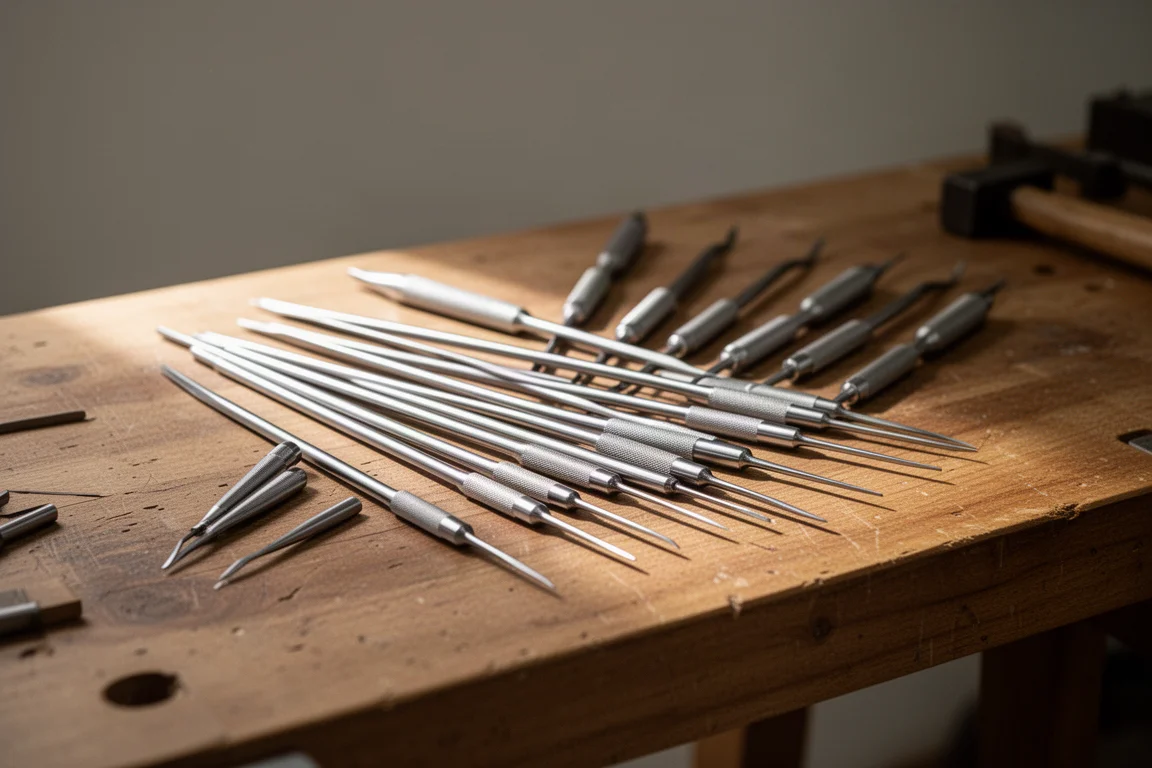 Extractores de precisión y herramientas manuales pequeñas dispuestas sobre una mesa de trabajo de madera