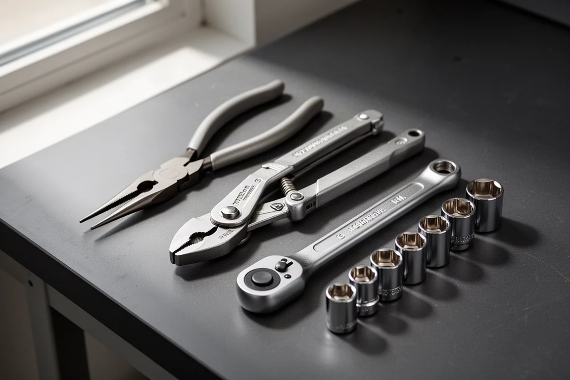 Hand tools including pliers, ratchet, and chrome sockets arranged on a dark workbench