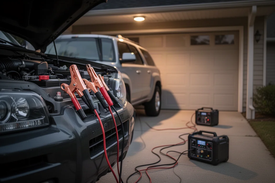 Leere SUV-Batterie wird in einer Garage mit den Klemmen eines tragbaren Jump Starters überbrückt