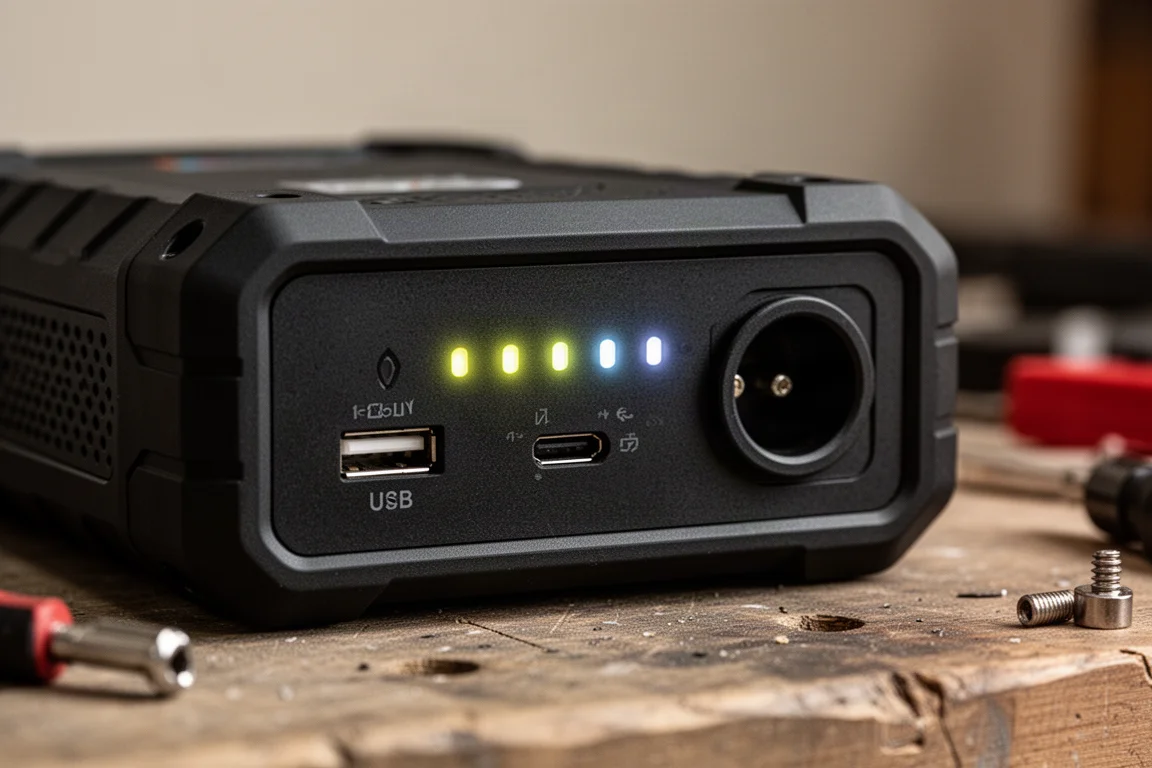 Nahaufnahme des Bedienfelds eines Jump Starters mit Ladeanzeige und USB-Anschluss