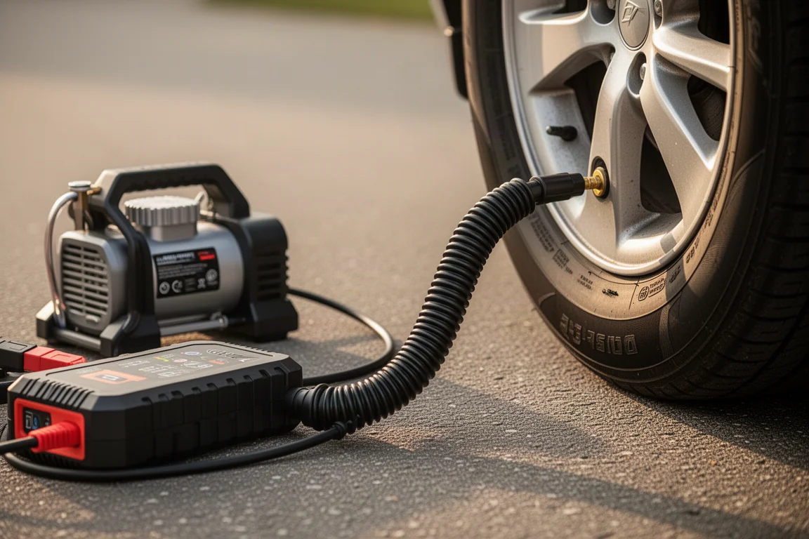 Schlauch eines tragbaren Luftkompressors beim Aufpumpen eines Autoreifens