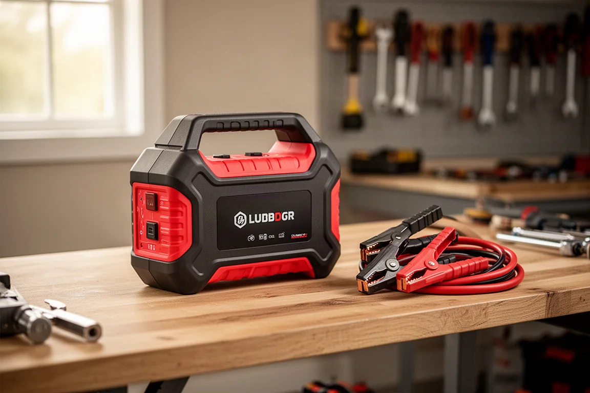 Großes Jump-Starter-Gerät auf einer Werkbank in der Garage verstaut