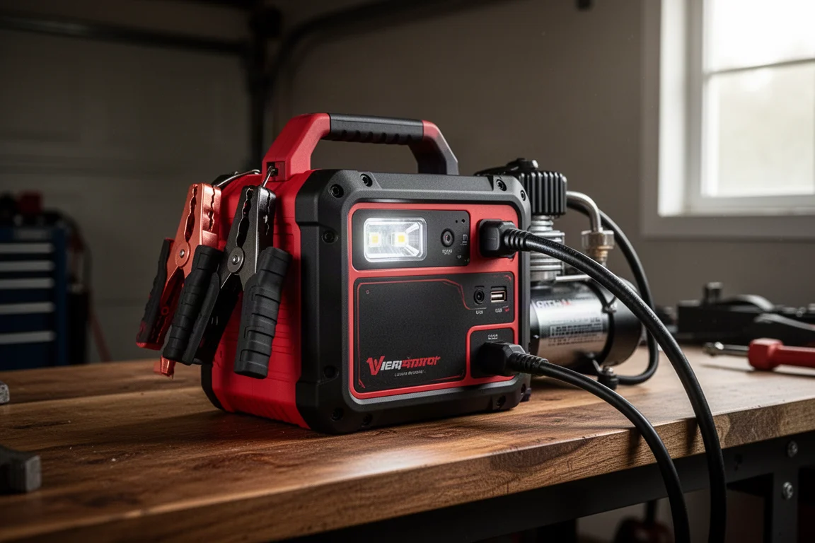 Harbor Freight Viking 1700 Peak Amp jump starter with clamps and compressor hose on a workbench