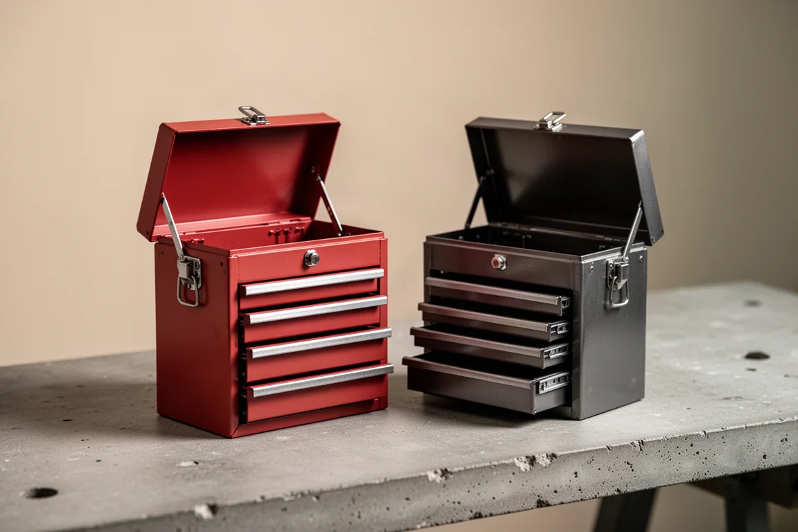 Two mini steel tool boxes side by side on a concrete surface with lids open
