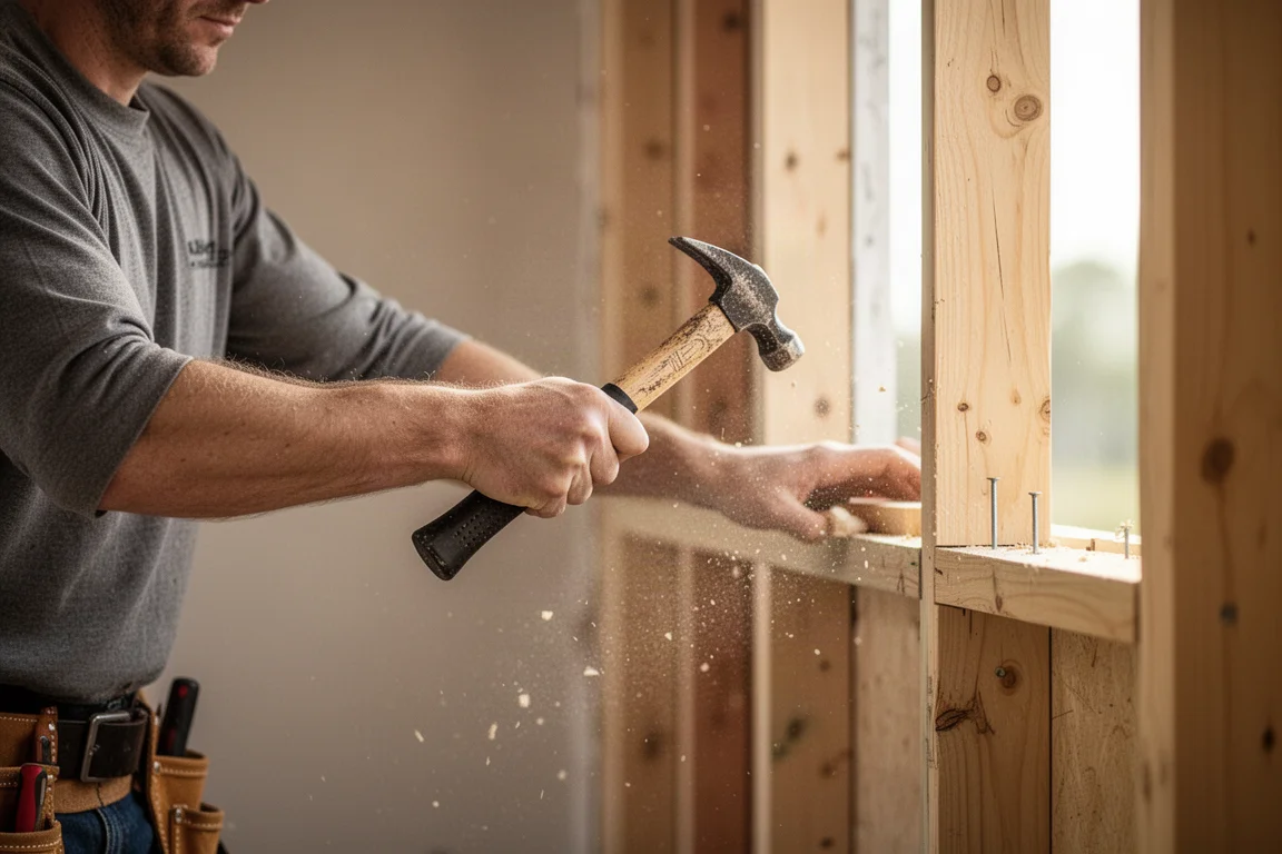 Zimmermann beim Rahmenbau eines Wandsystems, der mit dem Hammer auf einen Nagelkopf schlägt