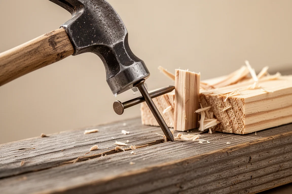 Hammerklaue, die einen Nagel greift, um ihn aus einem Holzbrett zu ziehen