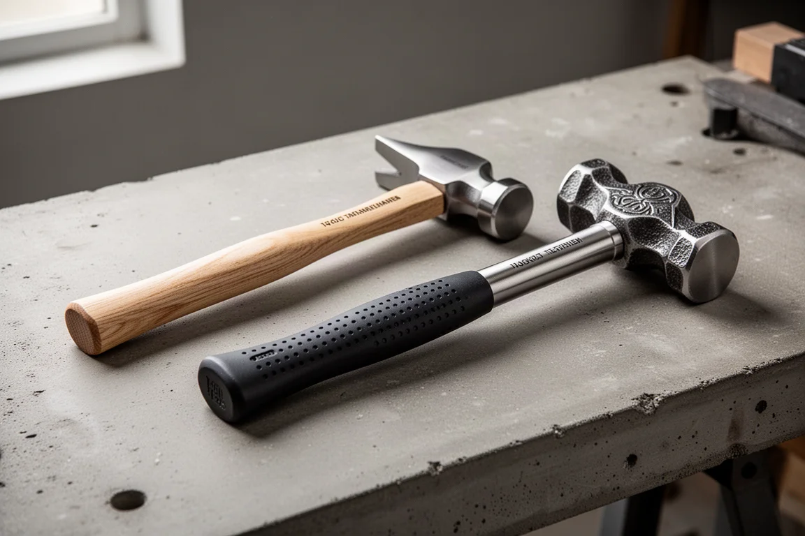 Two titanium framing hammers laid side by side on a concrete surface