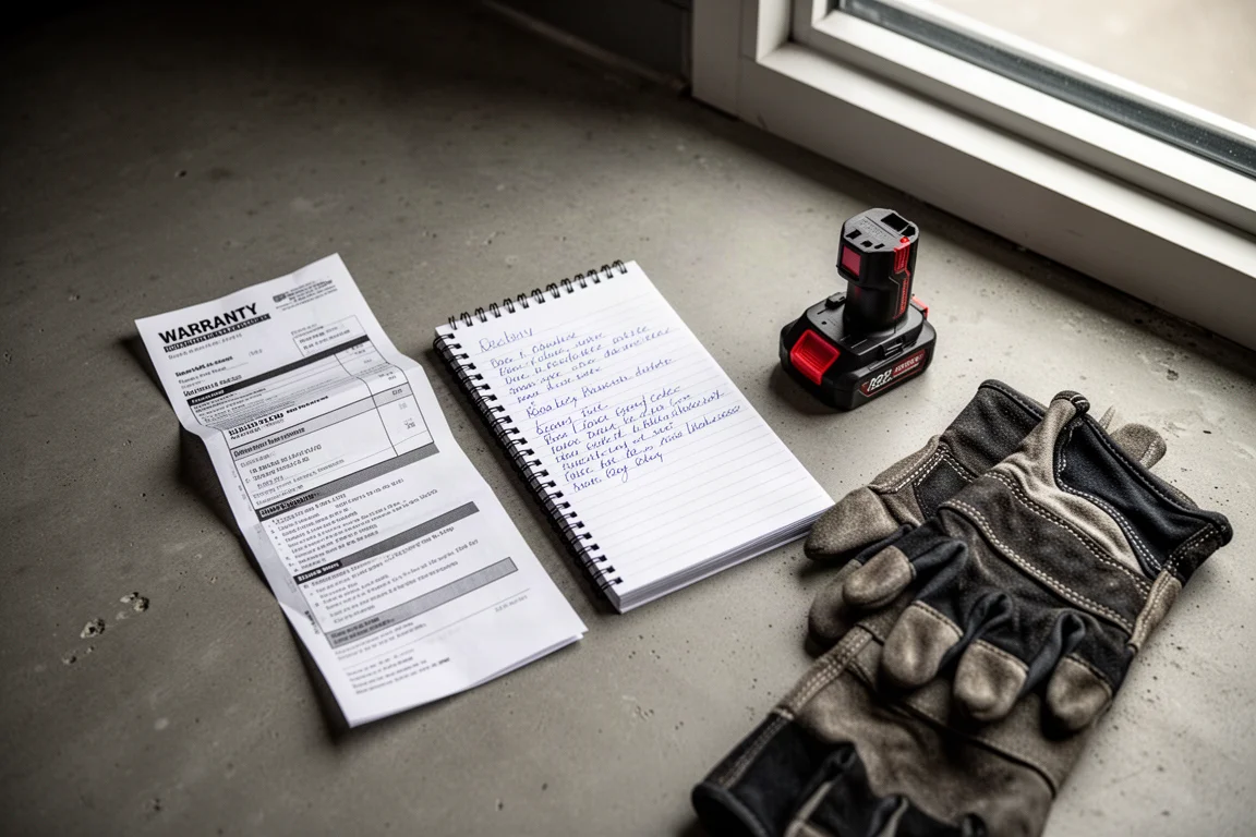 Workbench scene with tools laid out next to a printed warranty receipt