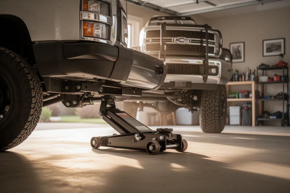 Low profile floor jack sliding under a pickup truck in a home garage