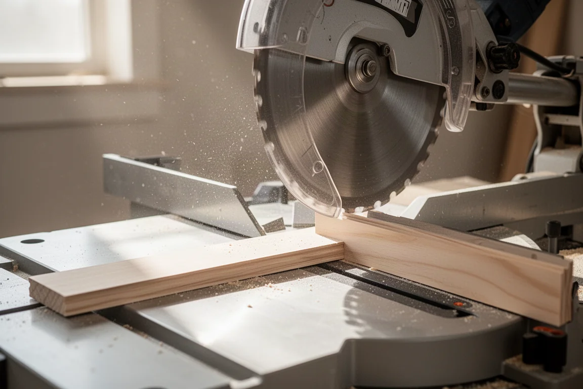 Miter saw cutting a length of trim lumber in a bright workshop