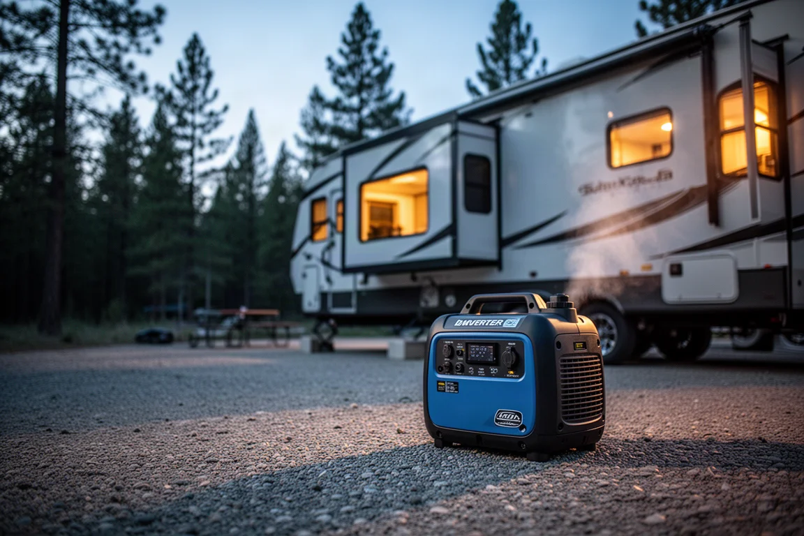 Portable inverter generator powering an RV campsite at dusk