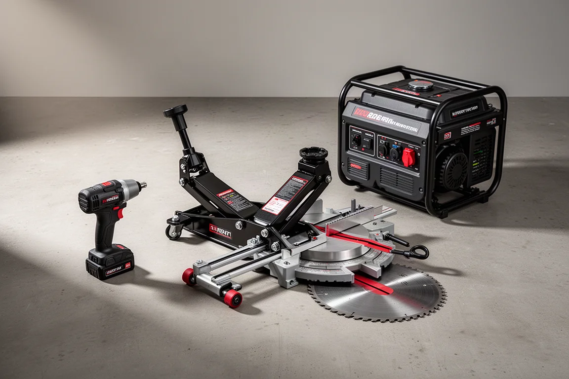 Impact driver, floor jack, miter saw, and inverter generator arranged on concrete