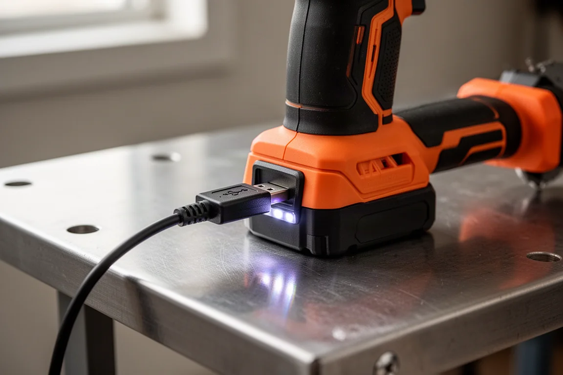 Cabo carregador micro USB conectado a uma pequena ferramenta elétrica sobre uma bancada