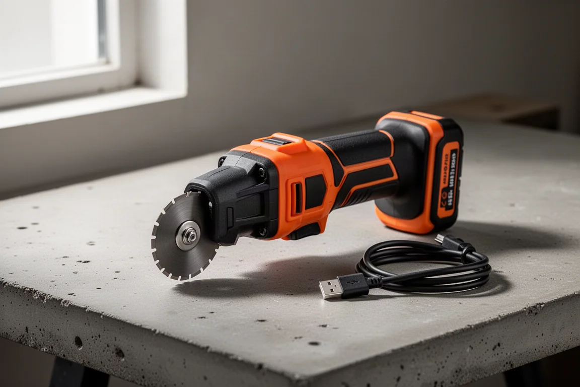 Compact orange and black cordless power cutter on a concrete workbench