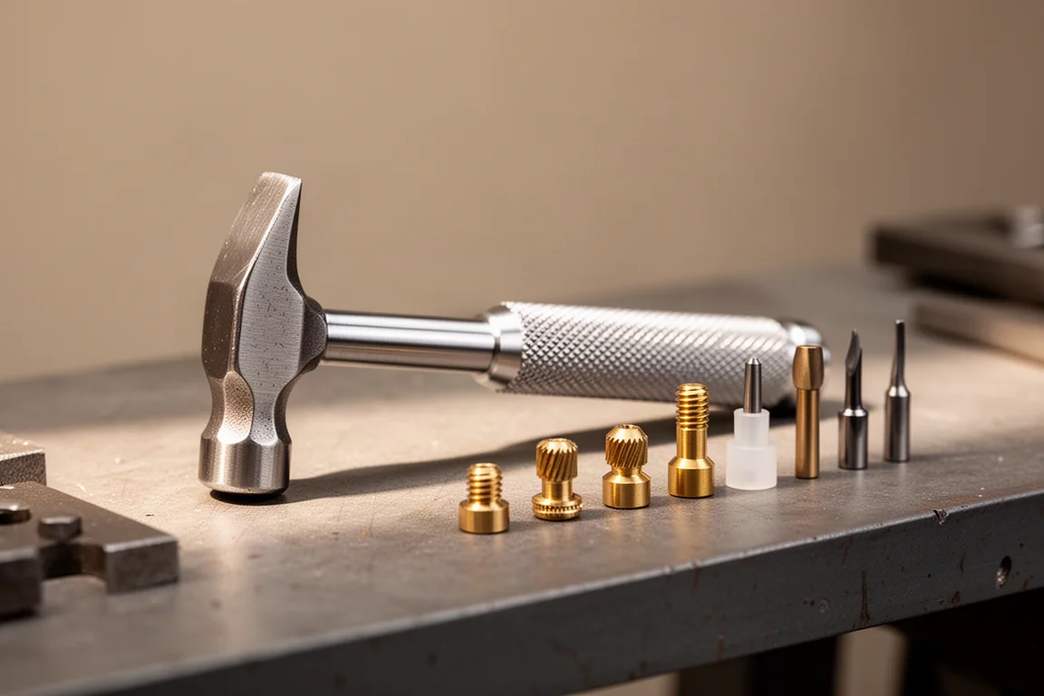 Steel-handled watch makers hammer lying on a workbench with interchangeable heads