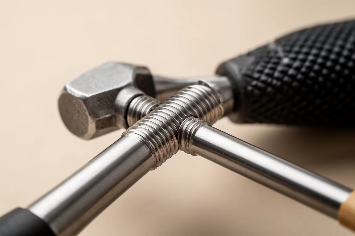 Close-up of a threaded hammer head being screwed onto a steel handle