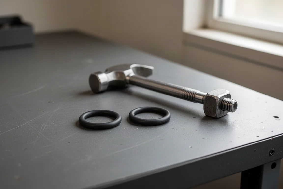 Two small O-rings placed on a workbench next to a hammer head