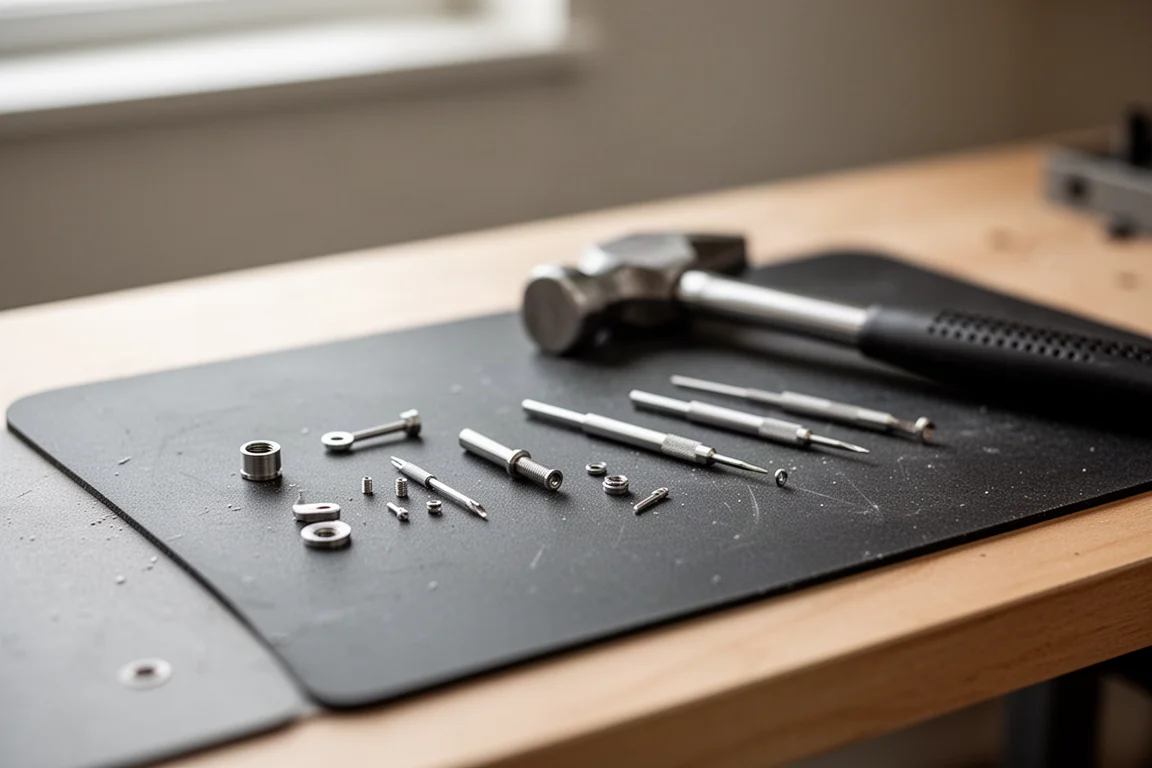 Precision hobby work scene with small parts on a bench mat