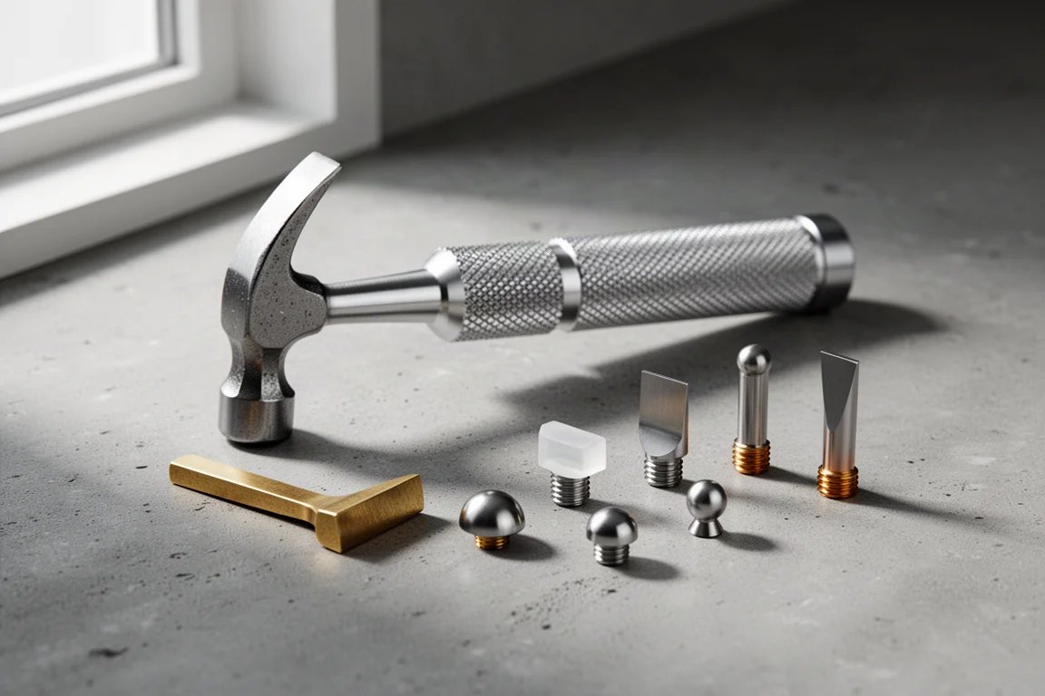 Steel-handled watch makers hammer with six interchangeable heads on a concrete surface