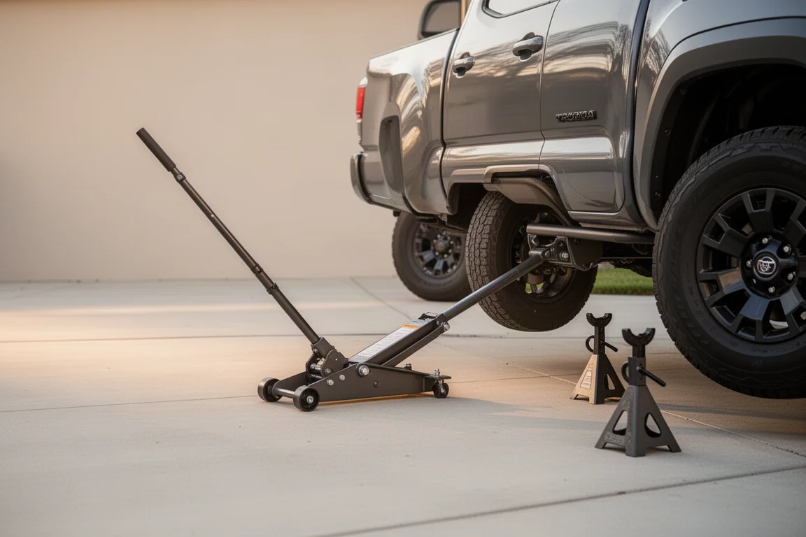Rangierheber hebt eine Ecke eines Pickup-Trucks in einer Einfahrt an