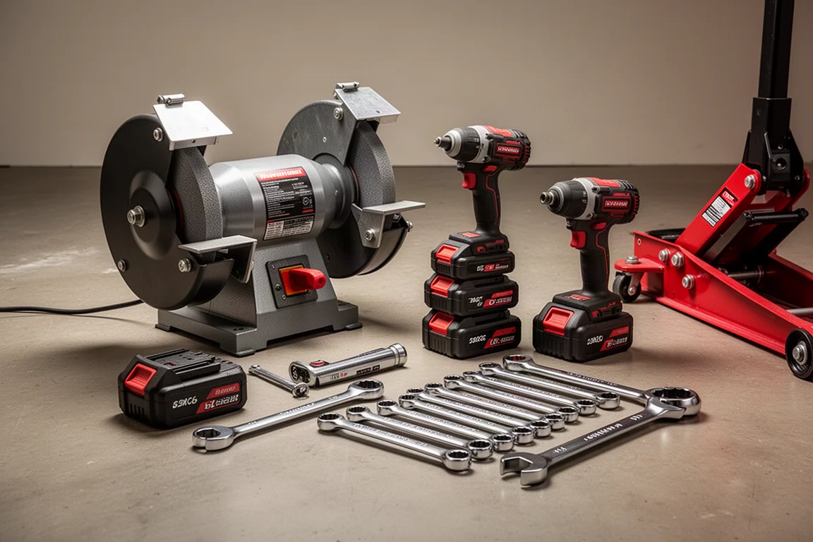 Workshop tool spread including bench grinder, impact driver, batteries, wrenches, and a floor jack on concrete