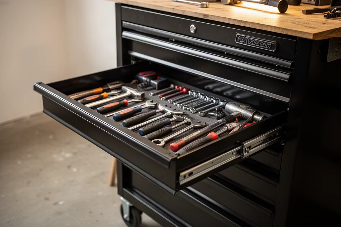 Grande mobile a rotelle con cassetti attrezzi ordinati in un'officina in ordine