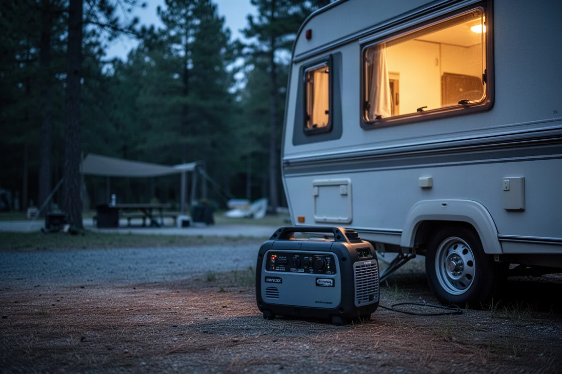 Generatore inverter portatile che alimenta un campeggio per RV al tramonto