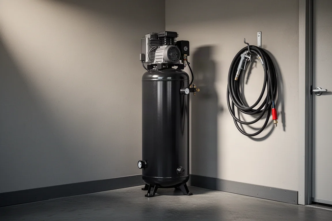 Compressore d'aria verticale accanto a un tubo flessibile arrotolato in un garage silenzioso