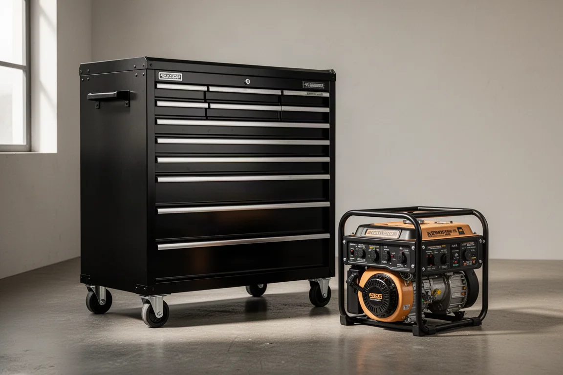 Large black roller cabinet beside a compact generator in a workshop