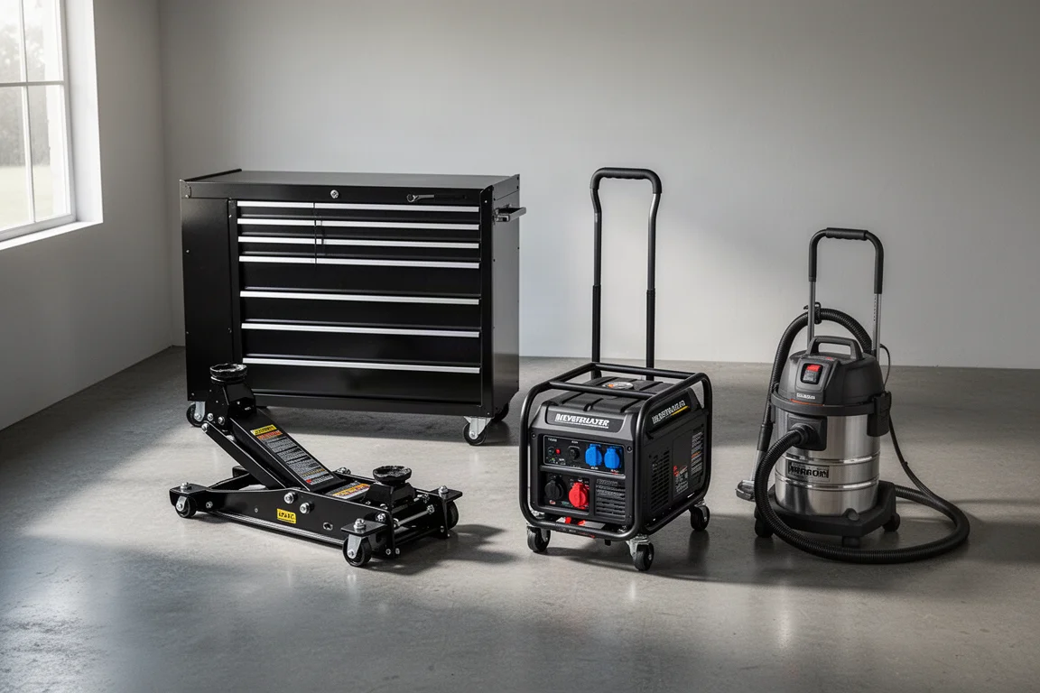 Tool cabinet, floor jack, portable generator, and wet dry vacuum on a garage floor