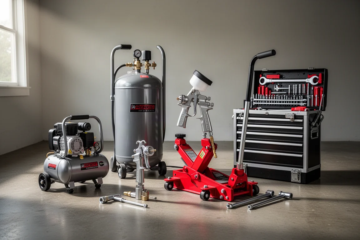 Workshop tools including air compressors, a spray gun, a floor jack and a tool set on concrete